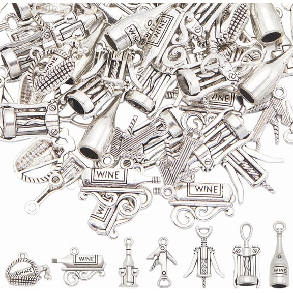 1 Box 70Pcs 7 Styles Wine Charms Alloy Wine Charm Bulk Tibetan Antique Silver Opener Bottle Summer for Jewelry Making Charms Supplies DIY Crafting Necklace Bracelet Earring Adults Party DIY