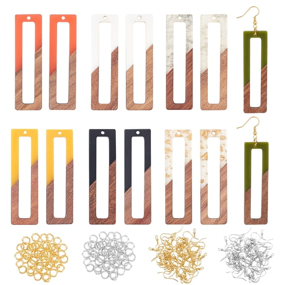 1 Box 70Pcs DIY Dangle Earring Making Kits Including Rectangle Resin & Walnut Wood Pendants Brass Earring Hooks & Jump Rings Platinum & Golden 70pcs/box