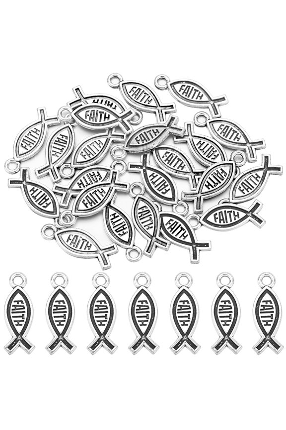1 Box 70Pcs Fish Charms Faith Charms Bulk Luck Silver Tibetan Alloy Vintage Fishing Hollow Inspirational Message Charm
