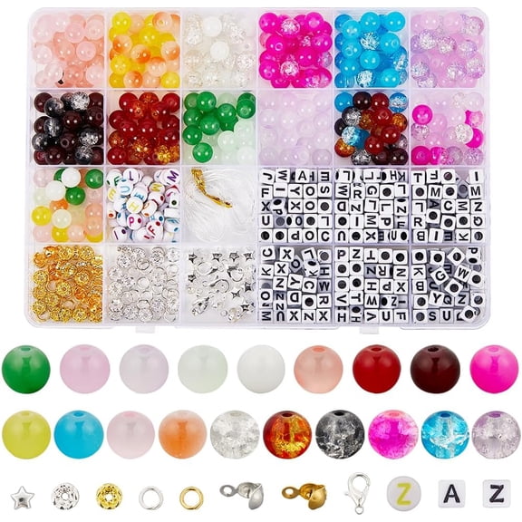1 Box 719Pcs 8mm Glass Beads Bracelet Making Kit Glass Beads with Letters Spacers Clasps Bead Tips Elastic Thread Beading Kits for DIY Friendship Bracelets Necklaces Jewelry Making Colorful