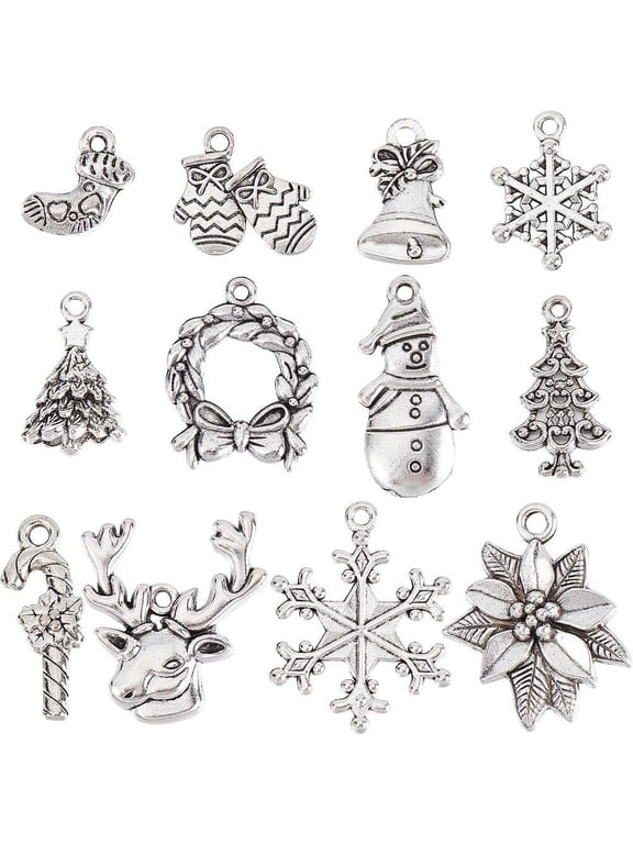 1 Box 72Pcs 12 Style Christmas Charm Holiday Charm Bulk Tibetan Silver Alloy Candy Snowflake Snowman Xmas Christmas Tree Charms for DIY Jewelry Making Charms DIY Necklace Women Beginner Adult