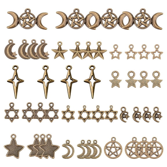 1 Box 72Pcs 12 Styles Moon Star Charms Galaxy Theme Bronze Space Alloy Star of David Hexagram Hollow Flat Round Pendants for Jewelry Making