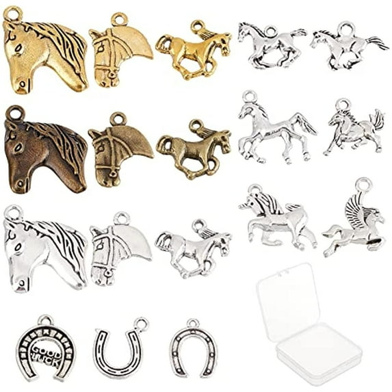 1 Box 72Pcs 18 Styles Horse Charms Bulk Tibetan Alloy Horse Horseshoes Charm Vintage Animal Pendants Horse Head Charms for Jewelry Making Earring Findings Keychain DIY Supplies Adult Women
