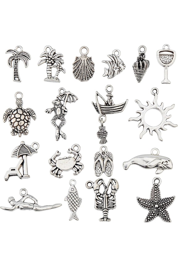 1 Box 72Pcs 18 Styles Summer Charms Turtle Charm Sea Shell Fish Tortoise Starfish Coconut Tree Crab Sun Ocean Animal Beach Charm for DIY Jewelry Making Charms Bulk Alloy Craft Supplies Adult
