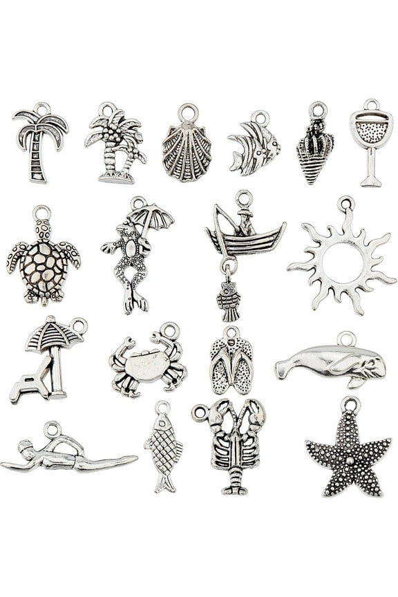 1 Box 72Pcs 18 Styles Summer Charms Turtle Charm Sea Shell Fish Tortoise Starfish Coconut Tree Crab Sun Ocean Animal Beach Charm