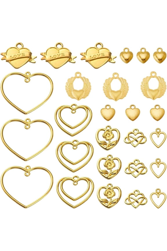 1 Box 72Pcs 9 Styles Heart Charms Gold Hearts Charm Bulk Alloy Flower Infinity Love Hollow Valentines Wedding Pendants for Jewelry Making Earrings Necklaces Bracelets Keychains DIY Supplies Gold