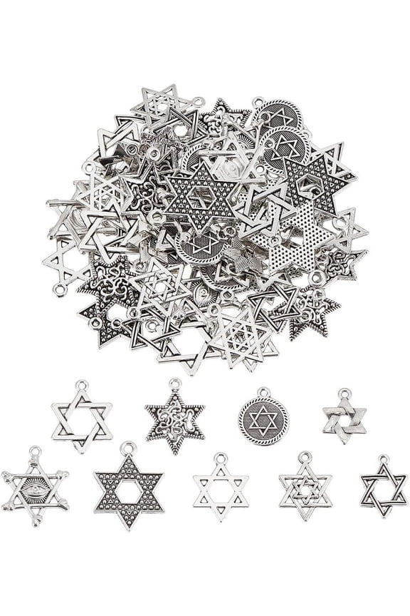 1 Box 72Pcs 9 Styles Star of David Charms Magen David Star Charm Hexagram Tibetan Silver Six Point Lucky Magic Pendats for Jewelry Making Supplies DIY Necklace Bracelet Earrings diy