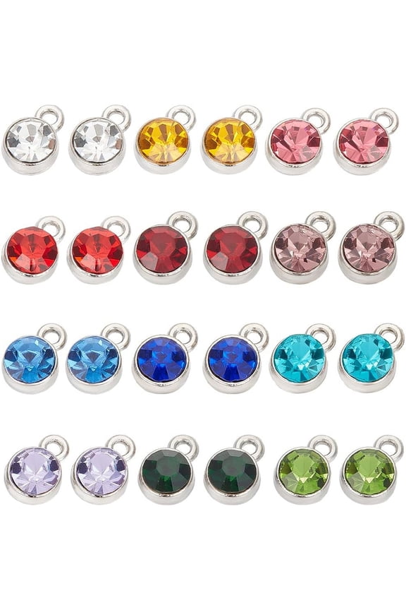 1 Box 72Pcs Birthstone Charms Bulk Round Crystal Charms Flat Round Glass Charm Alloy Round Rings Beads Charm