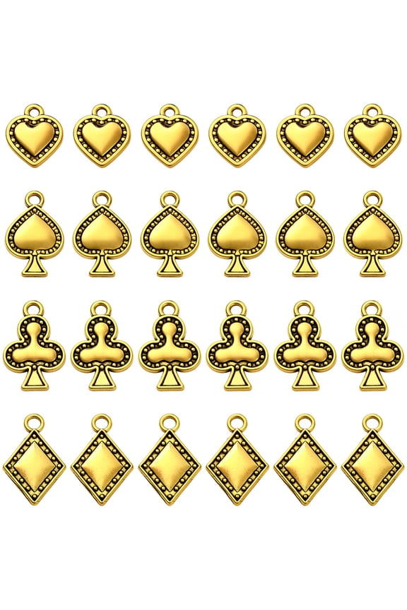 1 Box 72Pcs Poker Charms Spade Charm Bulk Club Heart Rhombus Cards Vintage Dangle Pendants for Jewelry Making Necklaces Bracelets DIY Craft Antique Golden