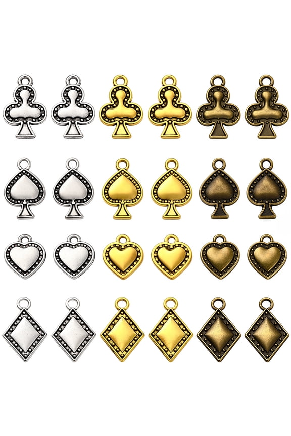 1 Box 72Pcs Poker Charms Spade Charm Bulk Club Heart Rhombus Cards Vintage Dangle Pendants for Jewelry Making Necklaces Bracelets DIY Craft Mixed Color