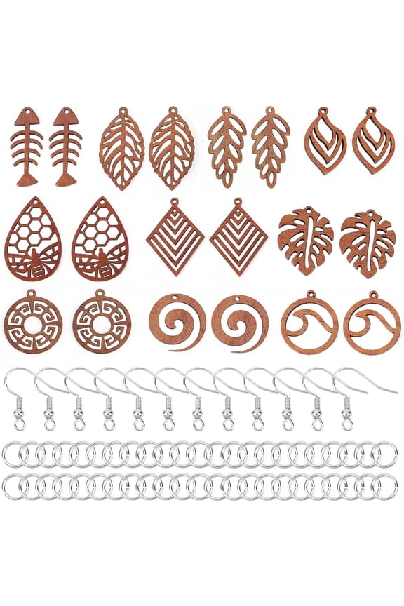 1 Box 74Pcs DIY 10 Pairs Wood Leaf Charms Wooden Charm Earrings Making Starter Kit Double Sided Hollow Leaves Charms Summer Ocean Wave Boho Charm