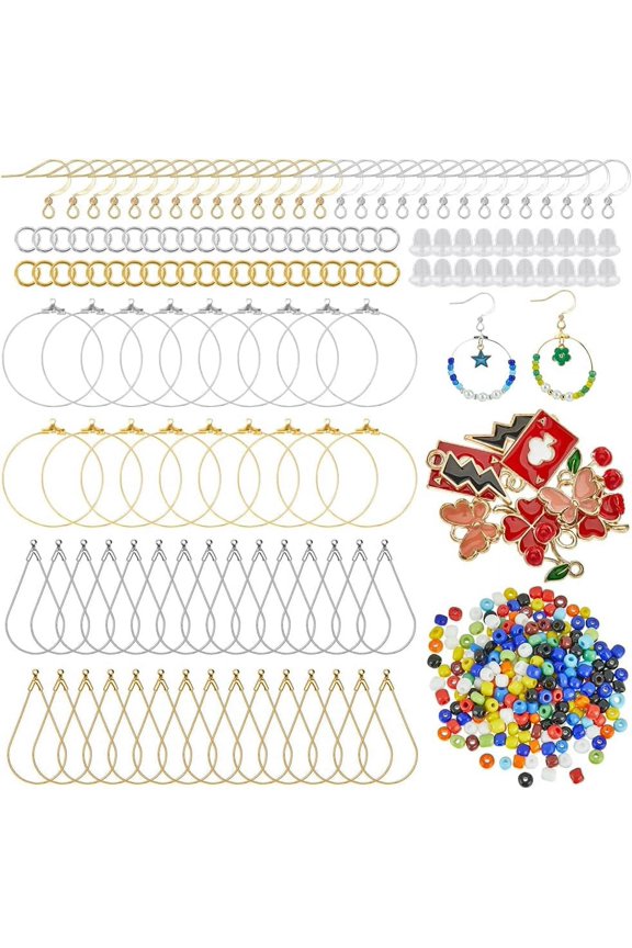 1 Box 774Pcs DIY Earring Making Kit Hoops Beading Hoop Earrings Hooks Jump Rings Loop Ear Backs Beads Enamel Charms Earring Findings Component for Jewelry Making Supplies DIY Earrings Craft for DIY