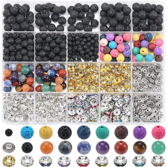 1 Box 792Pcs Lava Beads Kit Bulk Jewelry Making Kits Lava Stone with 8mm Rhinestone Spacer Beads Alloy Spacers for Making Essential Oil Diffuser Adult DIY Bracelets Necklaces Supplies Mixed Color