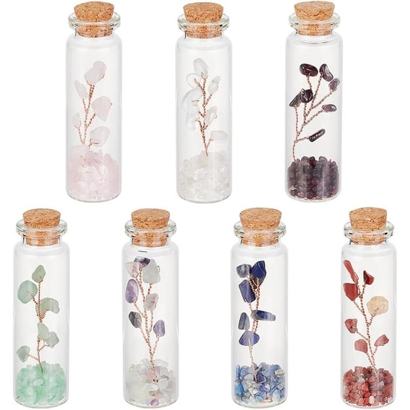 1 Box 7Pcs 7 Style Chakra Crystal Money Tree Mini Gemstone Chips Tree in Glass Wish Bottles Miniature Artificial Crystal Tree Tumbled Gemstone Crystal Chips Plants for Home Display Decorations