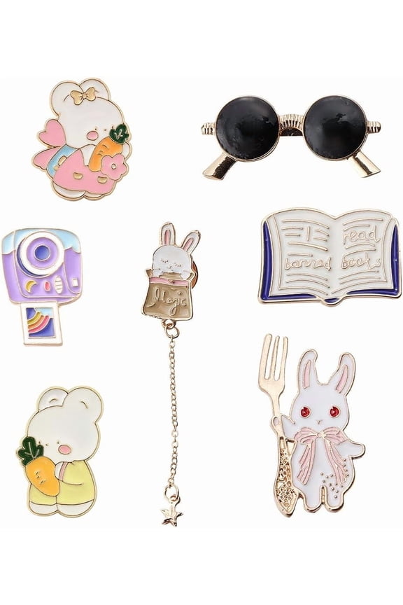 1 Box 7Pcs 7 Styles Bunny Pins Enamel Brooches Easter Cartoon Brooch Pins Cat Strawberry Rabbit Glasses Book Pin