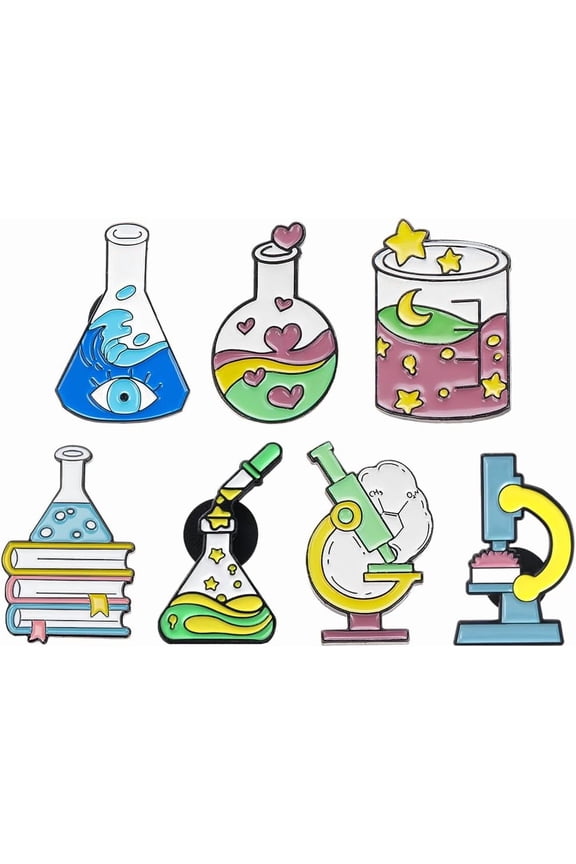 1 Box 7Pcs Science Pins Chemistry Pins Bulk Metal Alloy Enamel Plated Cartoon School Scientist Themed School Study Laboratory Bottle Book Lapel Pin for DIY Bag Clothes Hat Decor Party Gifts