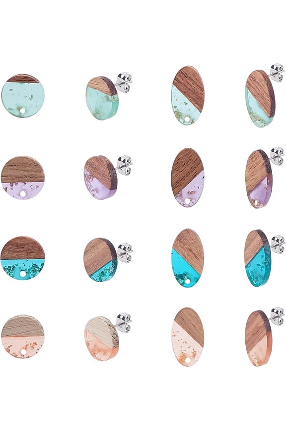 1 Box 8 Pairs 2 Styles Wood Stud Earrings Resin Flat Round Oval Walnut Wood Stud Earring Findings with Brass Ear Nuts for Women Adults Jewelry Set Accessories colorful
