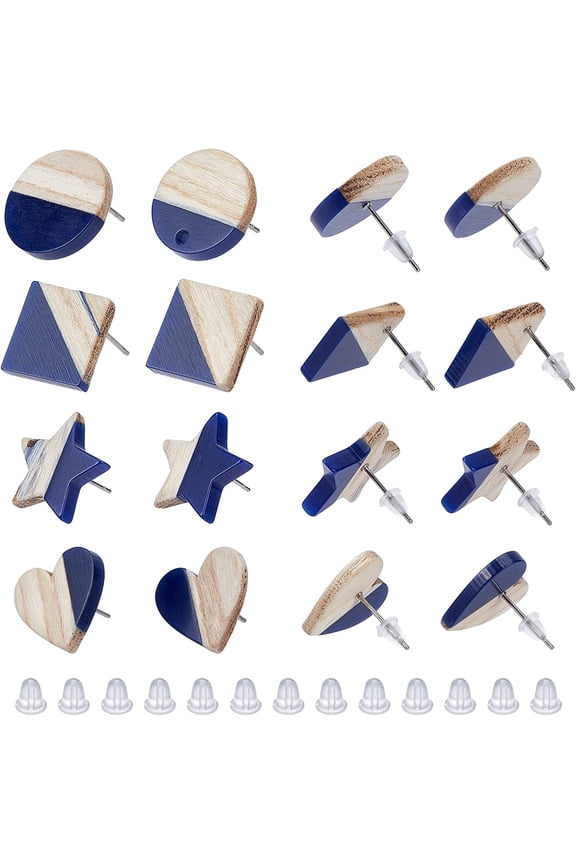 1 Box 8 Pairs Resin Wooden Stud Earrings Mixed Shape Vintage Resin Wood Statement with 304 Stainless Steel Pin and Plastic Ear Nuts for Earring Jewelry Findings - Dark Blue