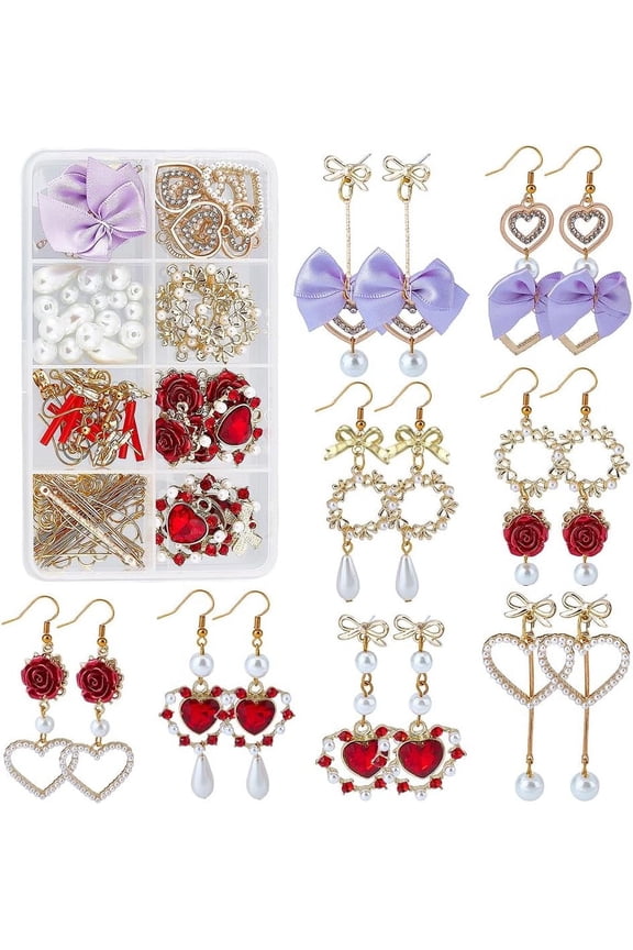 1 Box 8 Pairs Valentine's Day Rose Charms Baroque Love Charm Earring Making Starter Kit Alloy Red Flowers Rose Pearls Heart Charms for DIY Making