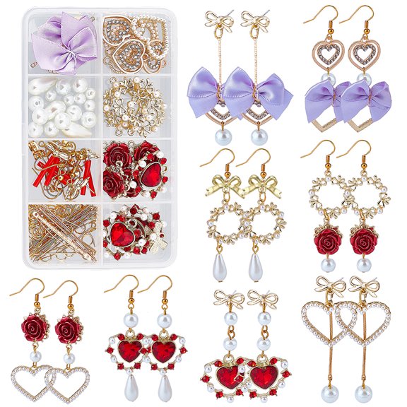1 Box 8 Pairs Valentine's Day Rose Charms Baroque Love Charm Earring Making Starter Kit Alloy Red Flowers Rose Pearls Heart CharmsDIY