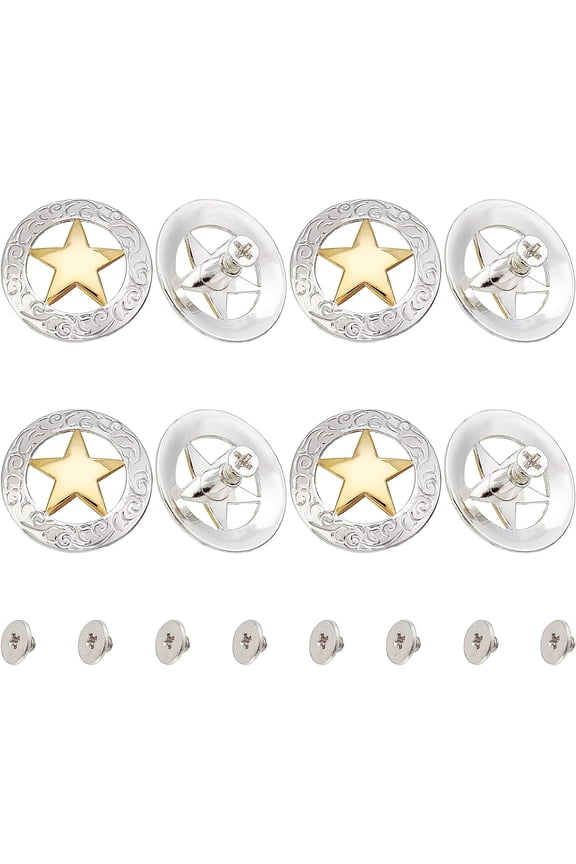 1 Box 8 Set Silver Engraved Gold Star Concho Screw Back Hollow Out Decorative Buttons Replacement Round Vintage Buckle Castings Personality Manual DIY Luggage Clothing Leather Decoration diy Silver