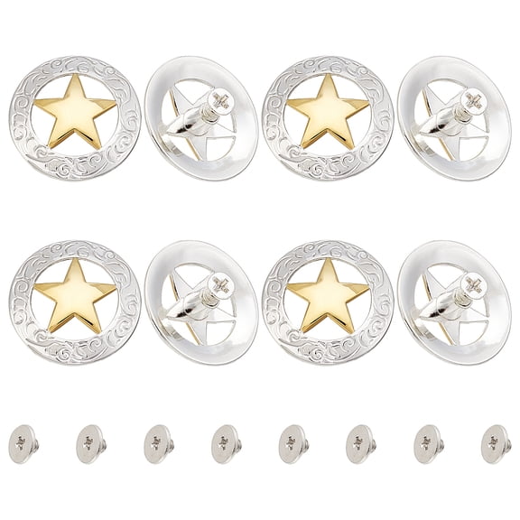 1 Box 8 Set Silver Engraved Gold Star Concho Screw Back Hollow Out Decorative Buttons Replacement Round Vintage Buckle Castings Personality Manual