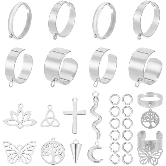 1 Box 8 Sets 36Pcs Stainless Steel Ring with Charm Adjustable Finger Rings 18mm Silver Moon Butterfly Tree of Life Dangling Ring for Jewelry Making DIY Rings Accessories Women Wedding Gifts Gray DIY