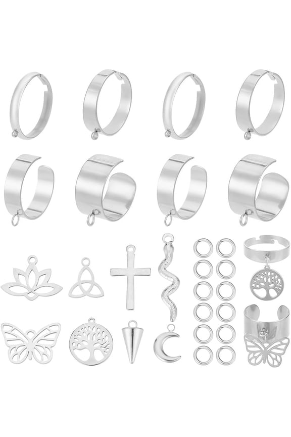 1 Box 8 Sets 36Pcs Stainless Steel Ring with Charm Adjustable Finger Rings 18mm Silver Moon Butterfly Tree of Life Dangling Ring for Jewelry Making DIY Rings Accessories Women Wedding Gifts Gray