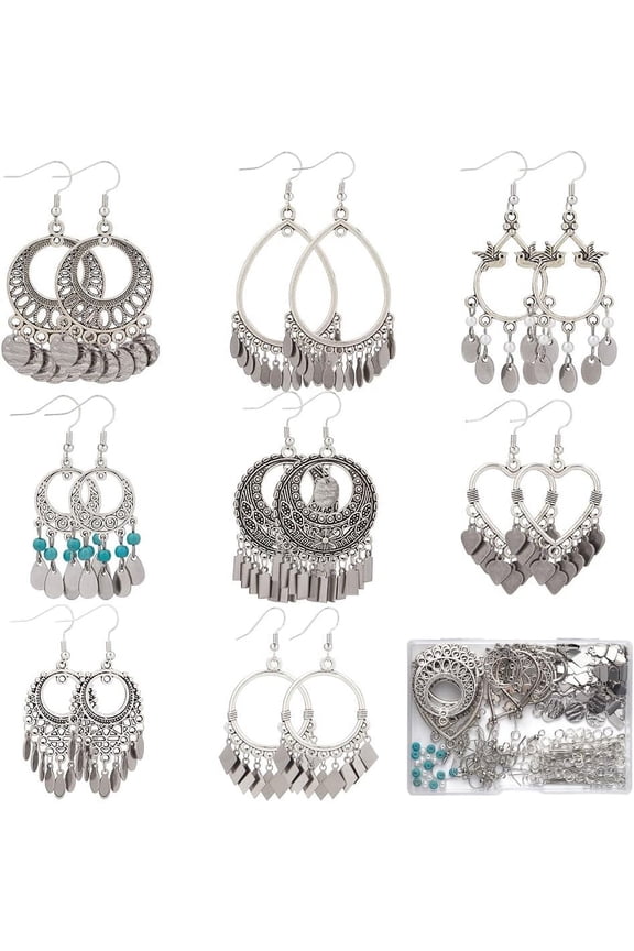 1 Box 8 Sets Chandelier Earring Making Kit Tibet Style Alloy Boho Charms Fashion Drop Dangle Earrings Turquoise Glass Beads for DIY