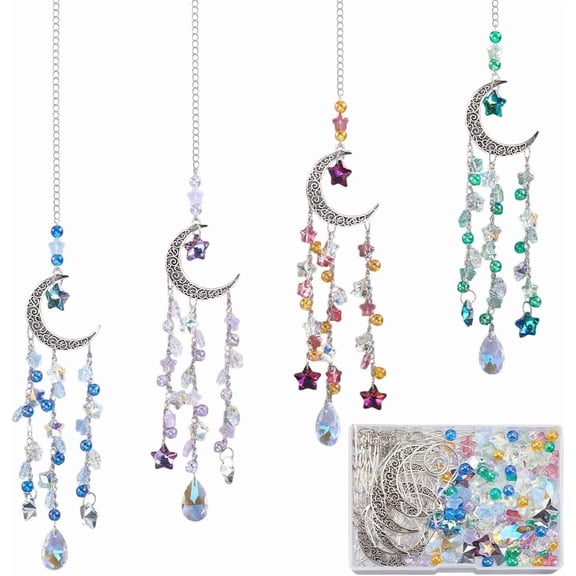 1 Box 8 Sets Moon Suncatcher Craft Rainbow Catcher Window Moon Star Five Star Pentagram Ab Colored Beaded Teardrop Sun Light Catcher Making Kit for Hanging Ornament Garden Decorations for diy making