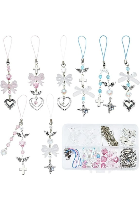 1 Box 8 Sets Phone Charm Making Kit Cute Bowknot Bow Knot Wing Heart Beads Phone Charms Phone Keychain Charm Cell Phone Charm for Women Adult DIY Keychains Moblie Phone Case Bag Camera Decor