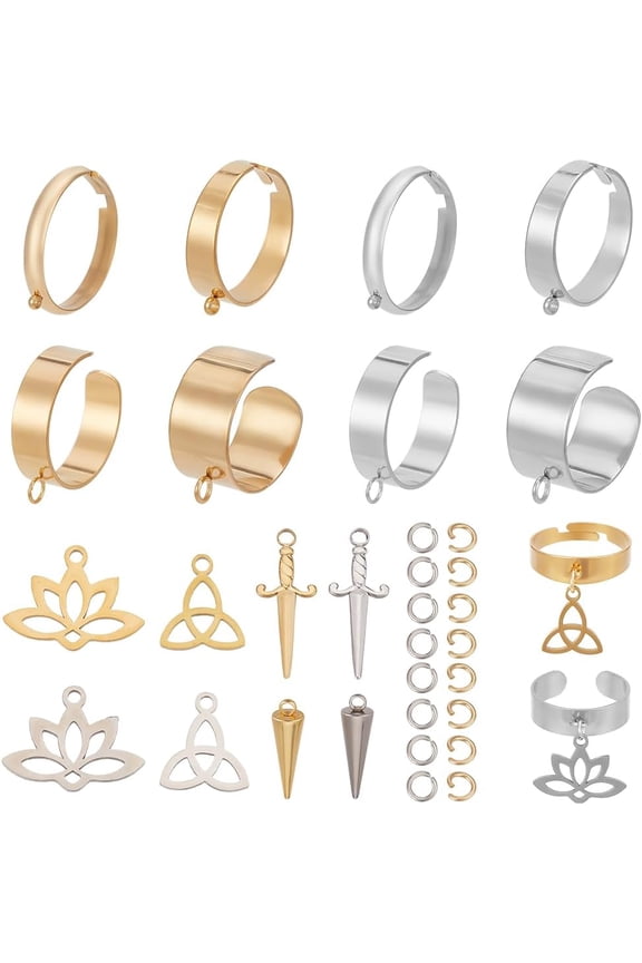 1 Box 8 Sets Stainless Steel Ring with Charm Rings with Charms Bulk Golden Silver Lotus Flowers Cone Charms Adjustable French Style Metal Rings Set for Jewelry Making Supplies Wedding Women