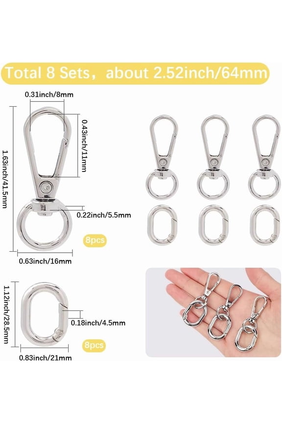 1 Box 8 Sets Swivel Lobster Clasp Keychain Silver Snap Hook Keychain Clip Alloy Metal Trigger Keyring with Spring Gate Rings for Keychains Purse Bag Keys Lanyards Jewelry DIY Making Craft