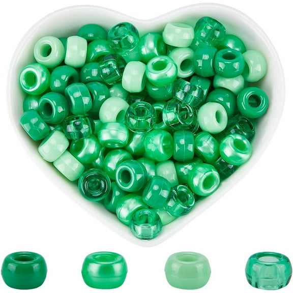 1 Box 800Pcs 4 Styles 9mm Pony Green Beads Kandi Beads Bulk Light Dark Green Transparent Clear Round Spring St. Patrick's Day Opaque Beads for Jewelry Making Braid Bracelet Necklace DIY Craft