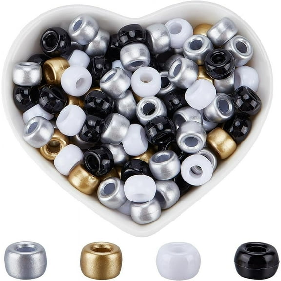1 Box 800Pcs 4 Styles Black and White Pony Beads Bulk Neutral Pony Beads 9mm Gold Silver Cool Kandi Party Plastic Opaque Beads