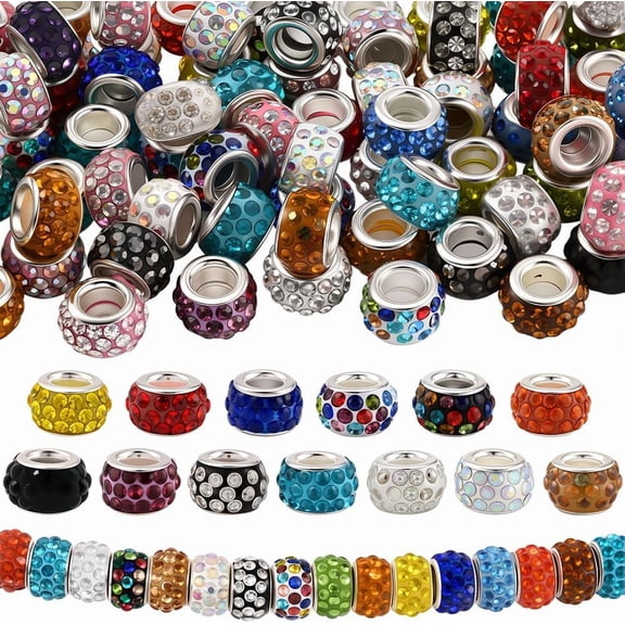 1 Box 80PCS Mixed Color European Rhinestone Spacer Beads with Silver Plated Brass Cores Large Hole Rondelle Diamond Charms Bead Bulk for Jewelry Making Earrings DIY Craft Supply White