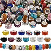 1 Box 80PCS Mixed Color European Rhinestone Spacer Beads with Silver Plated Brass Cores Large Hole Rondelle Diamond Charms Bead Bulk for Jewelry Making Earrings DIY Craft Supply White