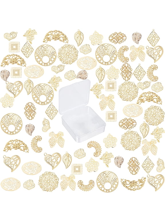 1 Box 80Pcs 16 Styles Filigree Connector Charms Flower Filigree Metal Embellishments Metal Iron Pendants Leaf Oval Flat Round Heart Shape for Jewelry Making Findings Crafts Supplies Golden