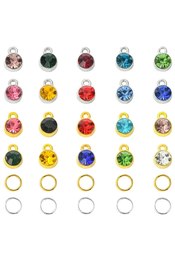 1 Box 80Pcs 20 Colors Birthstone Glass Charms Rhinestone Charm with Jump Rings Silver Gold Base Alloy Flat Round Gem Pendants