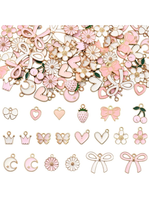 1 Box 80Pcs 20 Styles Assorted Pink Charms Metal Enamel Charms Bulk Alloy Coquette Bowknot Flower Heart Butterfly Moon Star Pendants for DIY Jewelry Making Bracelets Earrings DIY Crafts