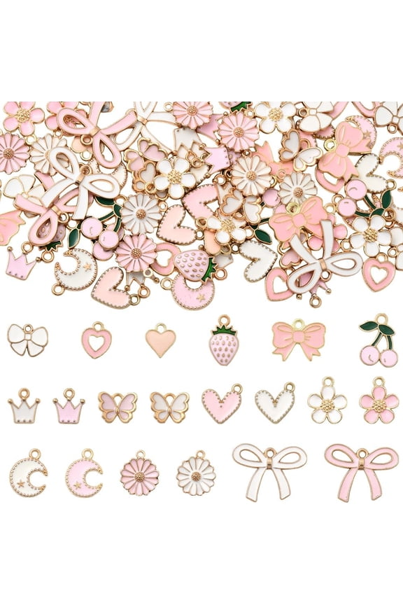 1 Box 80Pcs 20 Styles Assorted Pink Charms Metal Enamel Charms Bulk Alloy Coquette Bowknot Flower Heart Butterfly Moon Star Pendants for DIY Jewelry Making Bracelets Earrings DIY Crafts