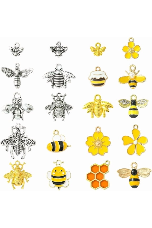1 Box 80Pcs 20 Styles Honeycomb Bee Charms Gold Bee Flower Charms Bulk Enamel Mixed Flower Spring Insect Pendants for DIY handcrafting