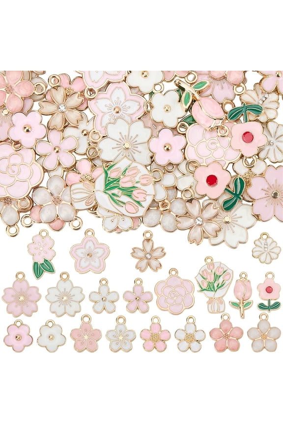 1 Box 80Pcs 20 Styles Pink Flower Charms Floral Charms Bulk Alloy Enmal Colorful Spring Cute Flowers Charm for Jewelry Making Charms DIY Crafting Necklaces Bracelets Earrings Supplies Gifts