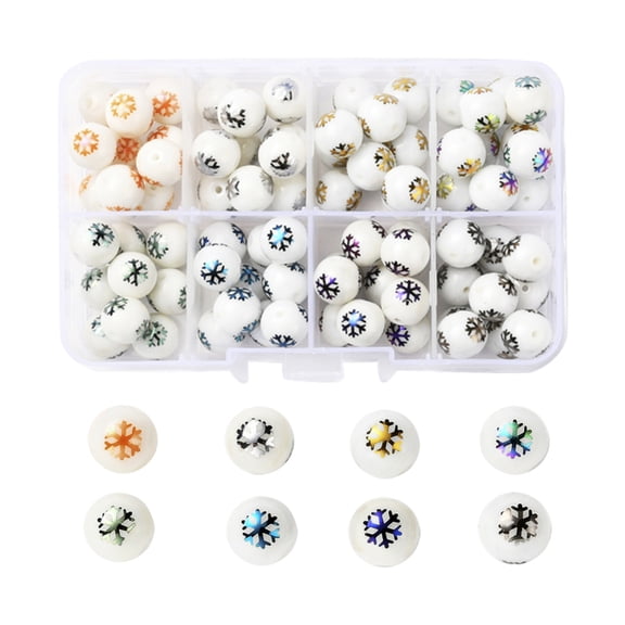 1 Box 80Pcs 8 Colors Christmas Opaque Glass Beads Round with Electroplate Snowflake Pattern Mixed Color 10mm Hole: 1.2mm