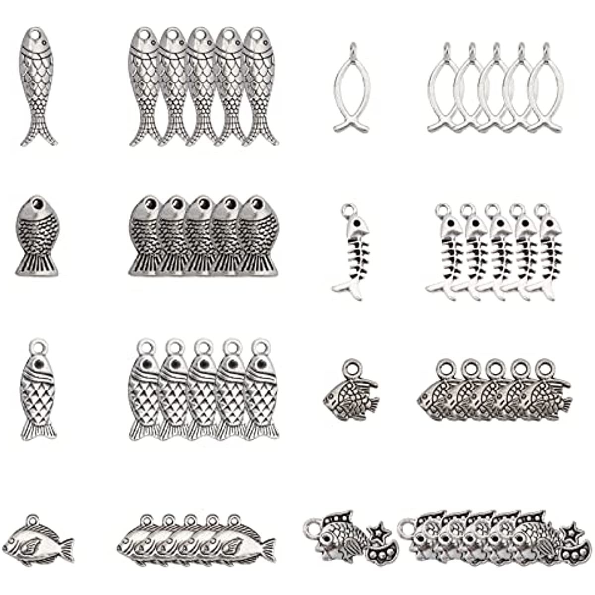 Fishbone Hollo 1 Box 80Pcs 8 Styles Fish Charms Bulk Tibetan Style Fishbone Hollow Sea ...