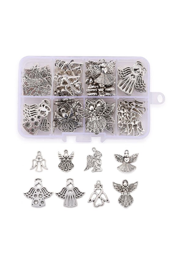 1 Box 80Pcs 8 Styles Tibetan Style Alloy Pendants Praying Angel Cadmium Free & Lead Free Antique Silver 10pcs/style