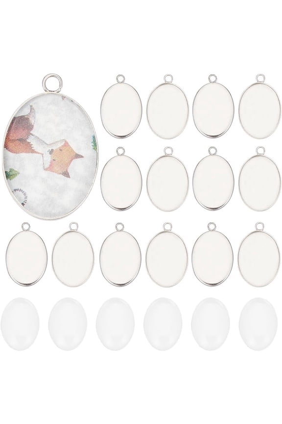 1 Box 80Pcs Bezel Trays Oval Pendant Tray Set Stainless Steel Pendant Blanks Photo Charm Cabochon Settings Blank Bezel Charms with Glass Cabochons for Jewelry Making DIY Findings