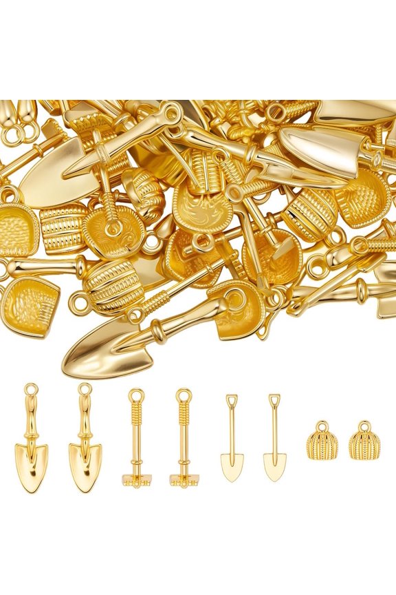 1 Box 80Pcs Home Tool Charms 18K Gold Plated Alloy Dustpan Shovel Charms 3D Tools for DIY Jewelry Making