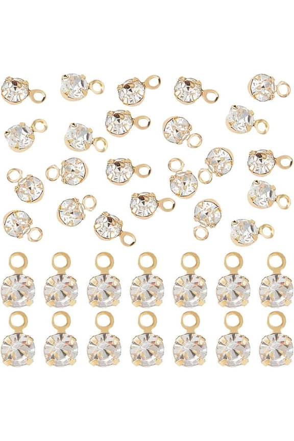 1 Box 80Pcs Rhinestone Charms 18K Gold Plated Brass 5.5mm Mini Diamond Dangle Pendants with Loop for DIY handcrafting
