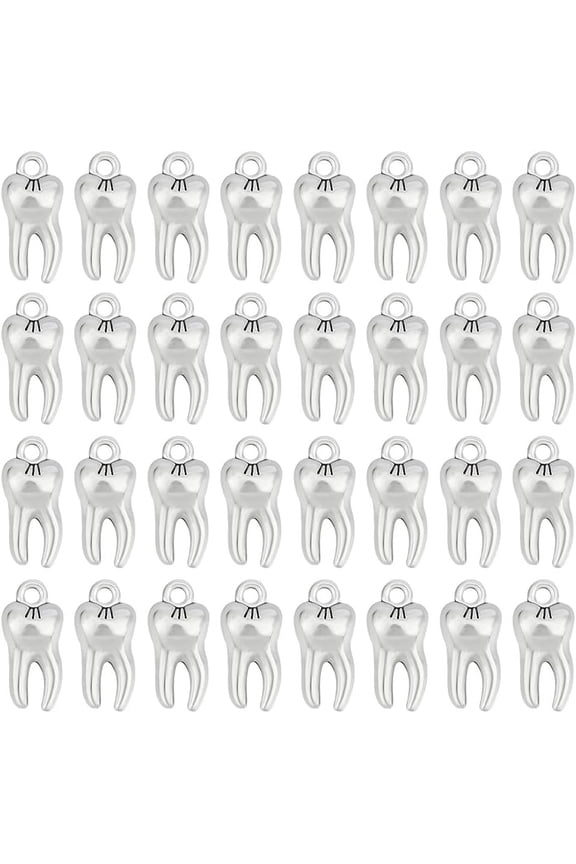 1 Box 80Pcs Silver Teeth Charms Tooth Charm Bulk Tibetan Style Cute Teeth Shaped Oral Health Alloy Vintage Funny Charm